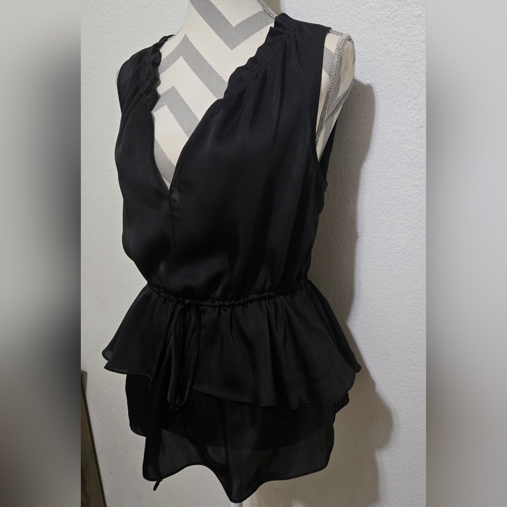 CYNTHIA STEFFE Hanna Black Ruffle Blouse Drawstring Waist Sleeveless Size Medium - Picture 5 of 14